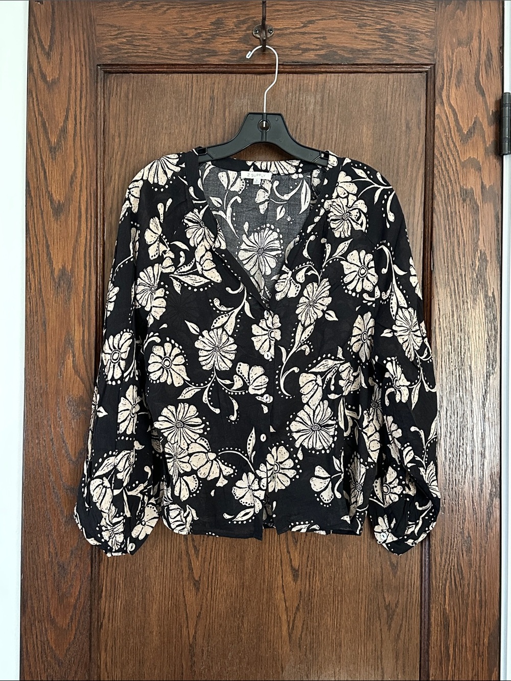 Z Supply Black Blouse with Cream Floral Print - Womens S